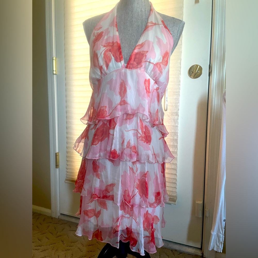 Arden B Pink/Coral Silk Floral Backless Halter Dress
